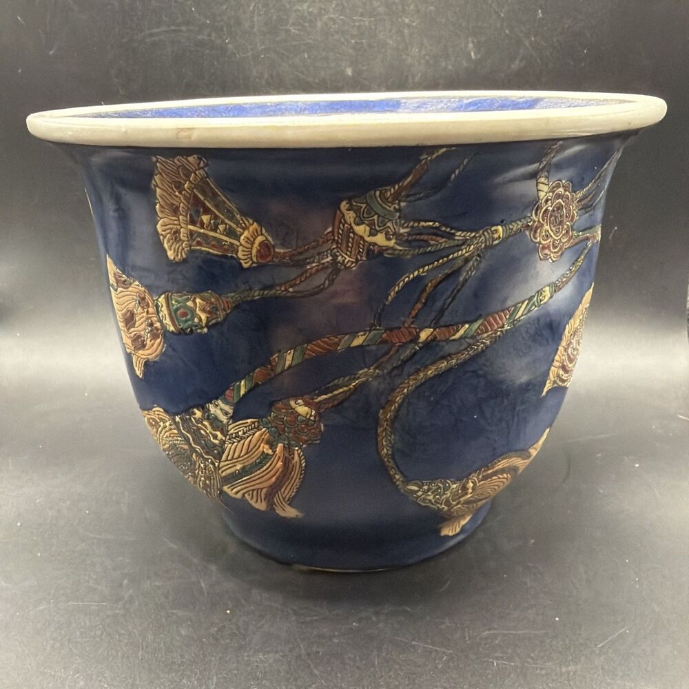 Vintage Chinoiserie Porcelain Koi Fish Bowl Planter in Dark Blue w/Tassel Design